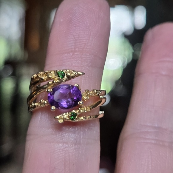 Amethyst cushion cut 5k & chrome diopside sterling & gold ring sz6.5 - Picture 6 of 8